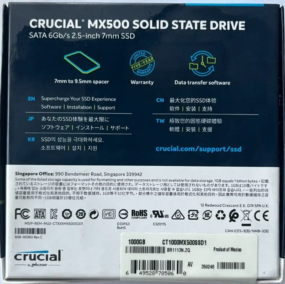 1TB Crucial MX500 2.5" SSD Internal SATA 6Gb/s SSD CT1000MX500SSD1