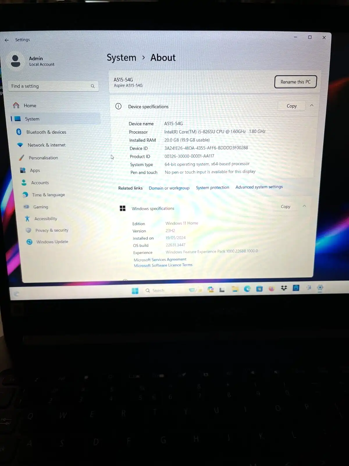 Acer Aspire A515-54G Intel i5-8265u 20Gb RAM 512GB SSD 15.6" FHD Win11