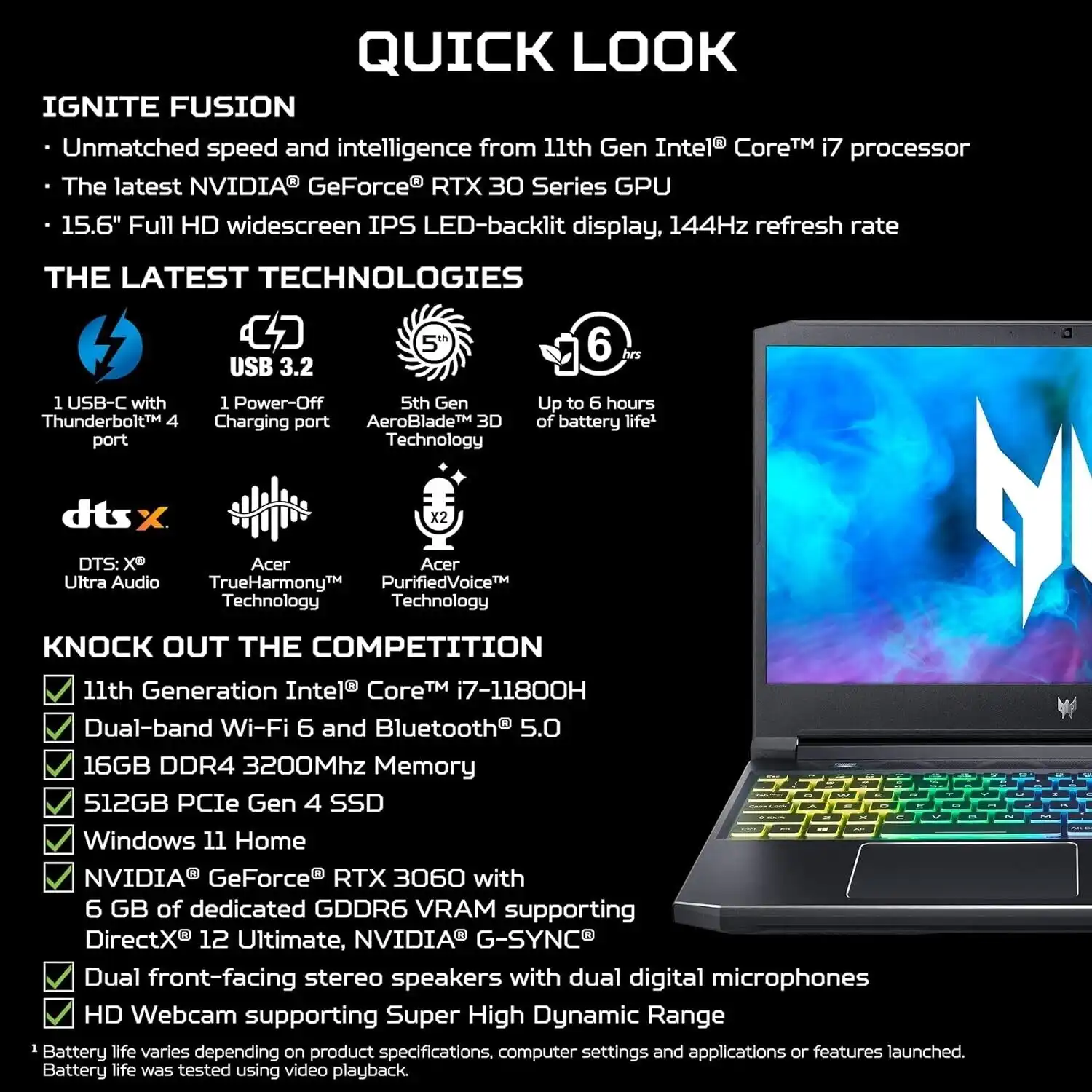 Acer Predator PH315-54 Intel i7-11800h 16Gb RAM 512GB SSD 8Gb RTX3070 15.6&quot; FHD