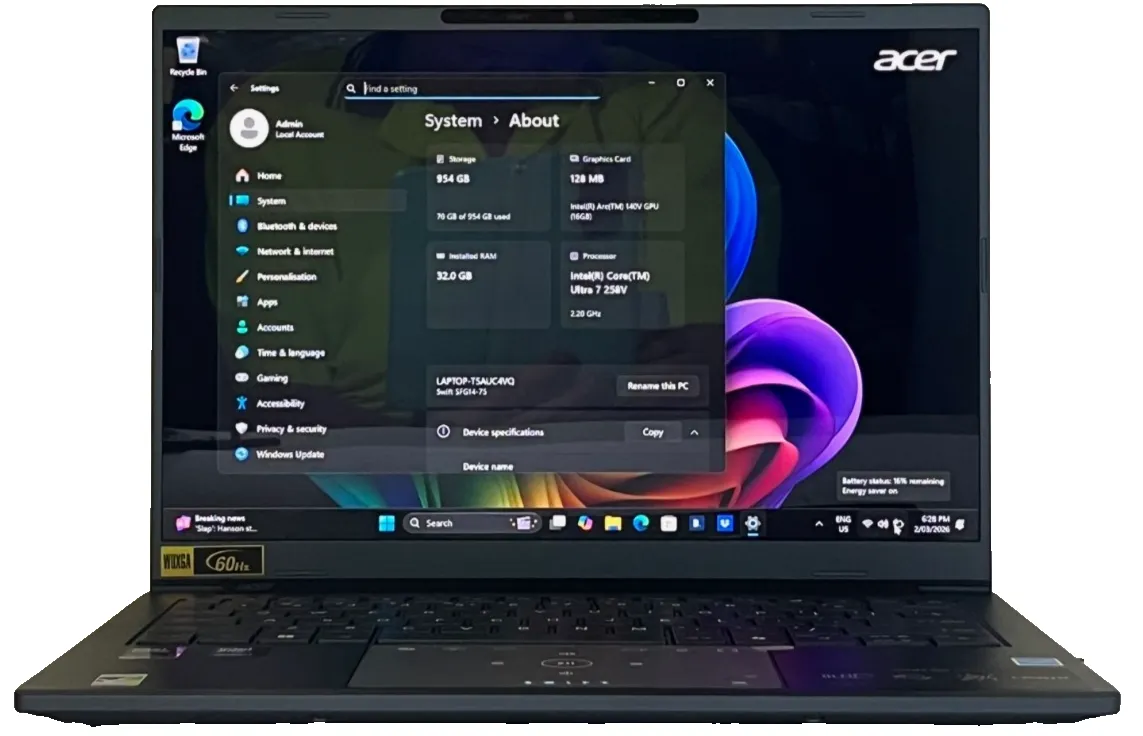 Acer Swift Go AI SFG14-75 Intel Core Ultra 5 16Gb RAM 512GB SSD 14" 2.8K OLED