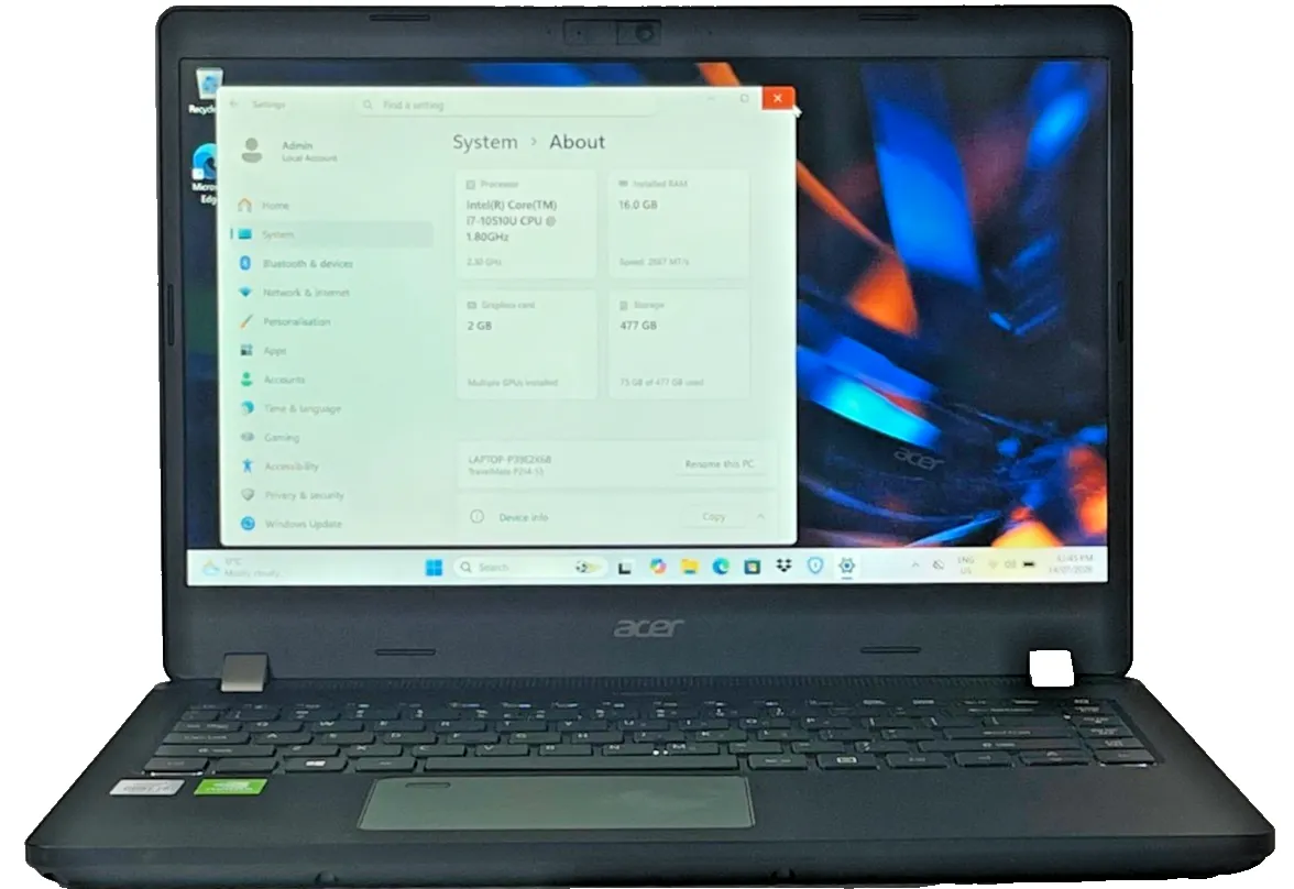 Acer TravelMate TMP214-52G Intel i7-10510U CPU 16Gb RAM 512GB 2GB MX230 14" FHD
