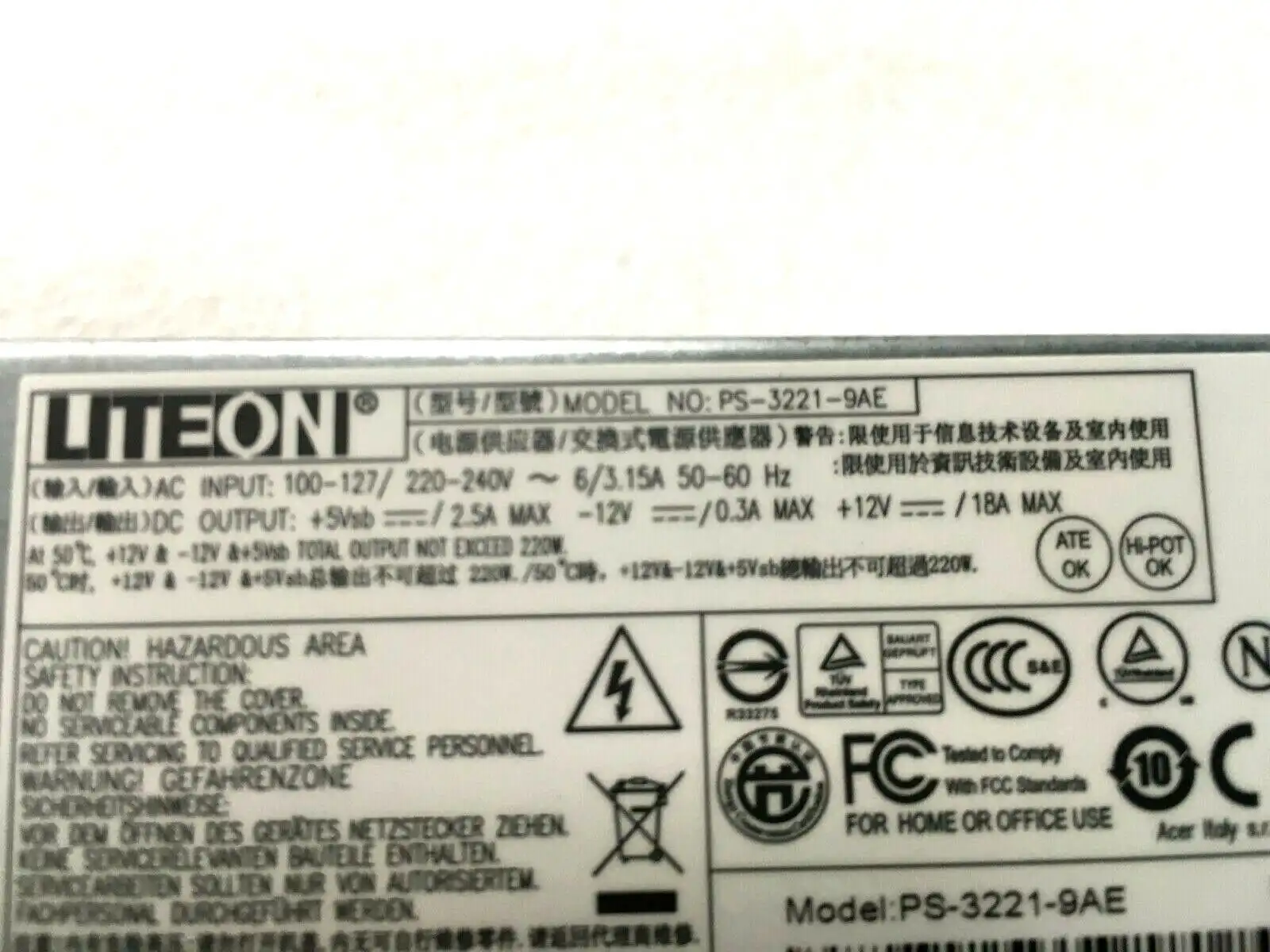 Acer Veriton X4630 X4640 X4650 Computer PSU Lite-On PS-3221-9AE DC.2201B.002