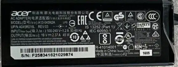 Genuine Acer AC Adaptor 45W 19V 2.37A A13-045N2A 1mm/3mm tip KP.0450H.001