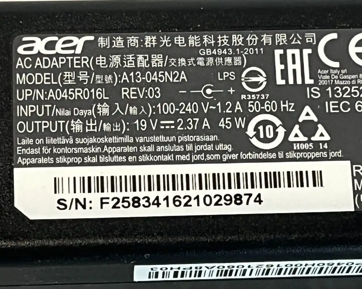Genuine Acer AC Adaptor 45W 19V 2.37A A13-045N2A 1mm/3mm tip KP.0450H.001
