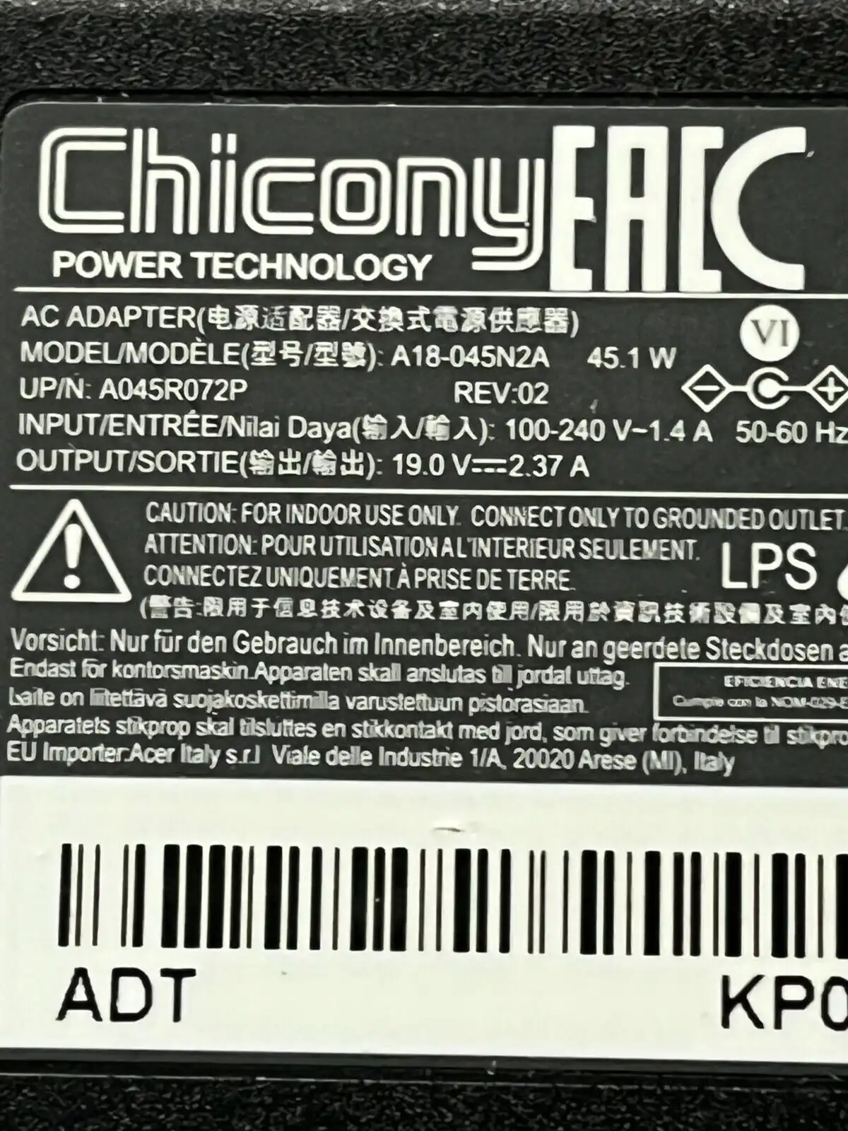Genuine Acer AC Adaptor 45W 19V 2.37A A18-045N2A 1mm/3mm tip KP.0450H.013