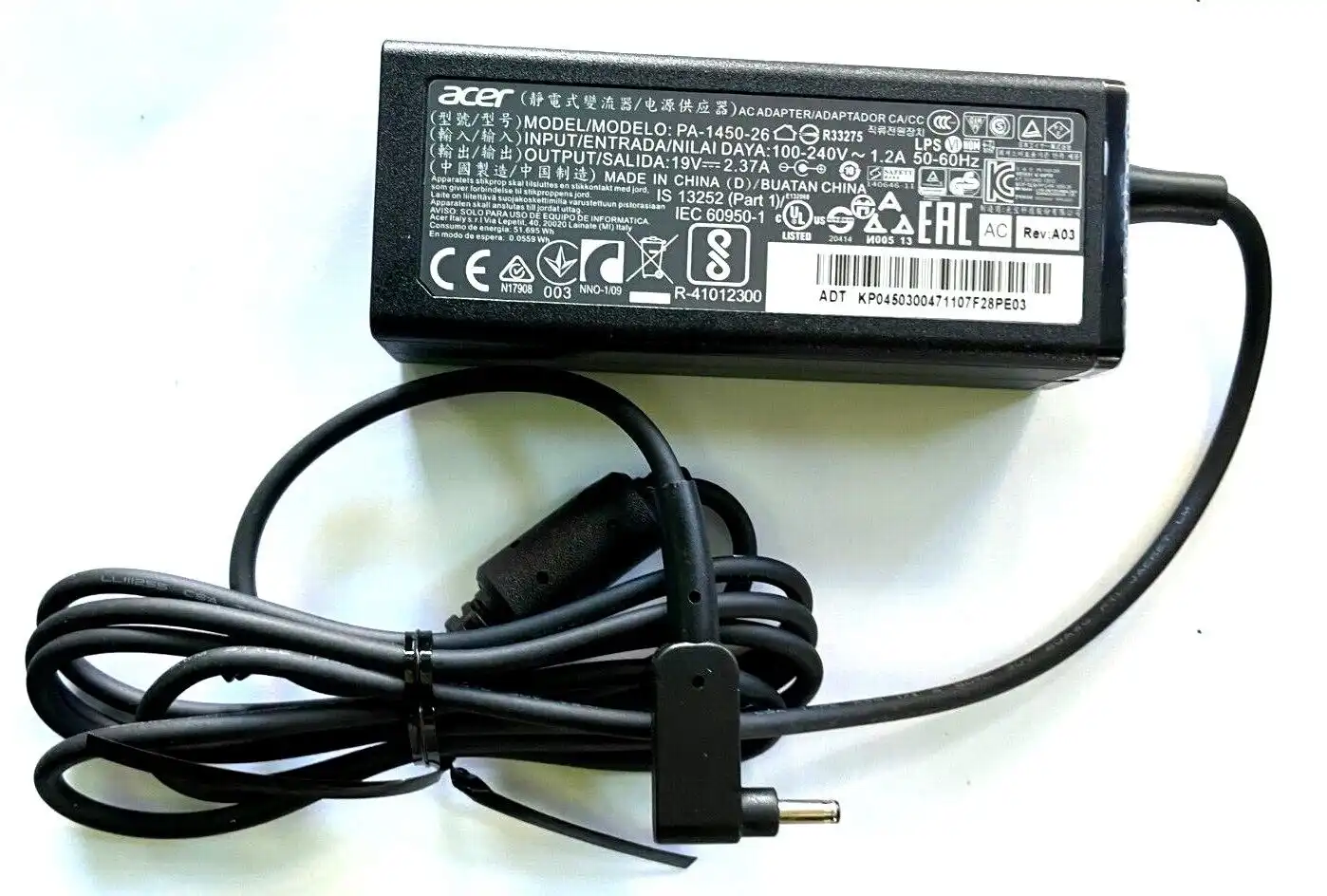 Genuine Acer  AC Adaptor 45W 19V 2.37A  PA-1450-26 KP.04503.004  1mm/3mm tip