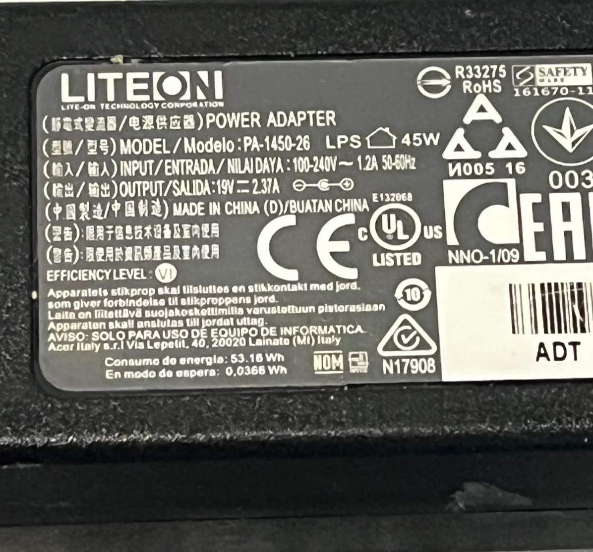 Genuine Acer  AC Adaptor 45W 19V 2.37A  PA-1450-26 KP.04503.004  1mm/3mm tip