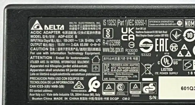 Genuine Acer AC Adaptor 65W 19V 3.42A ADP-65DE B KP.06501.012 1mm/3mm tip