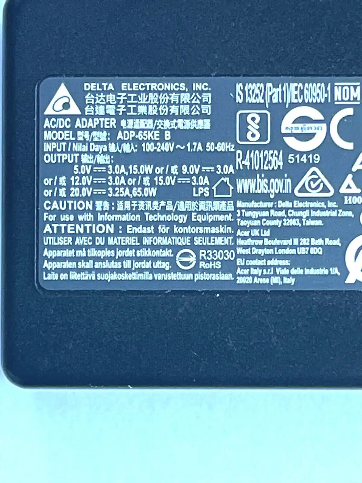 Genuine Acer AC Adaptor 65W USB-C Delta Electronics ADP-65KE B KP.06501.017