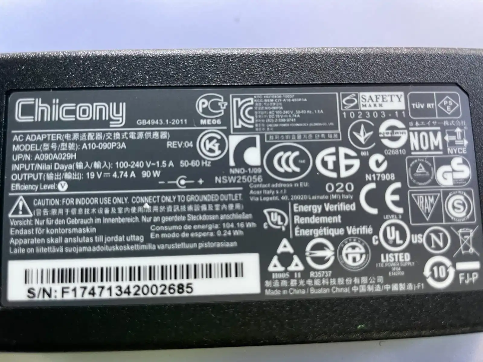Genuine Acer AC Adaptor 90W 19V 4.74A Chicony A10-090P3A 1.7mm/5.5mm tip