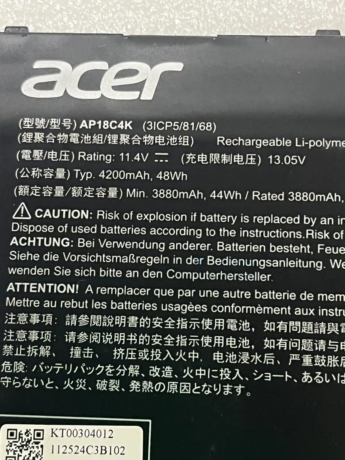 Genuine Acer battery AP18C4K (3ICP5/81/68) KT.00304.012 for Acer Spin SP314-54